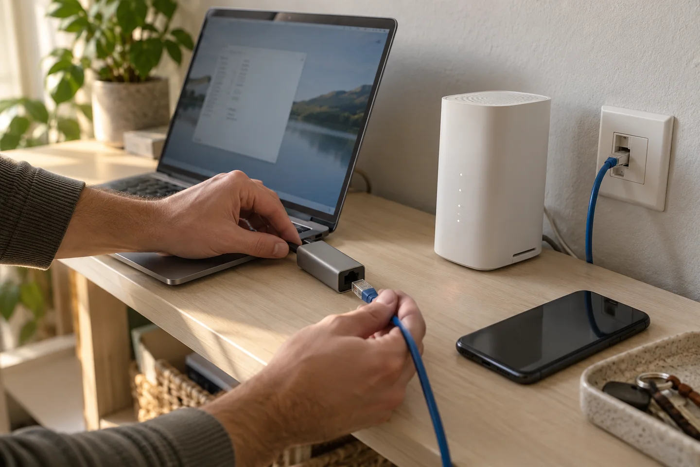 双手在家庭设备设置角连接笔记本USB-C网卡,旁边放有手机和无线网关